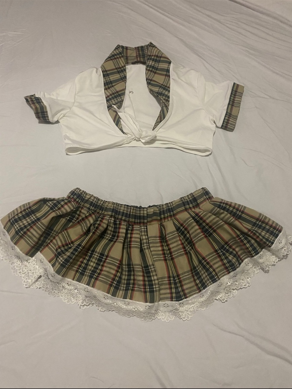 Halloween School Girl costume Plaid Lace Trim Mini Skirt - Beige Plaid
